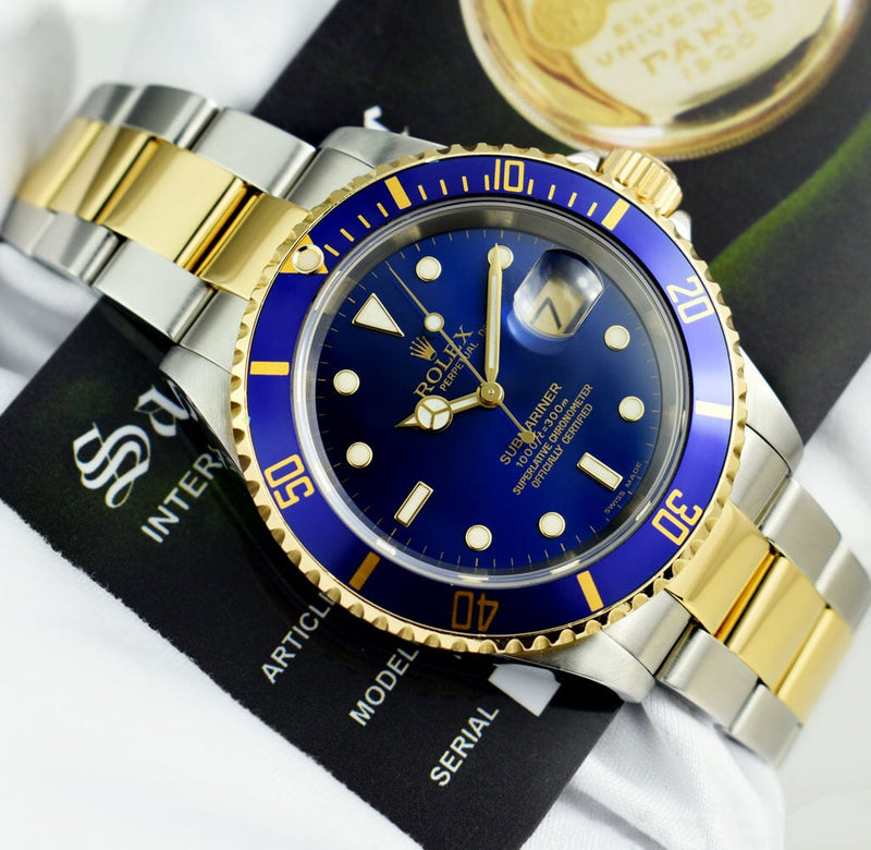 ROLEX Mens 18kt Gold & Stainless Steel Submariner Blue Dial No Holes Model 16613