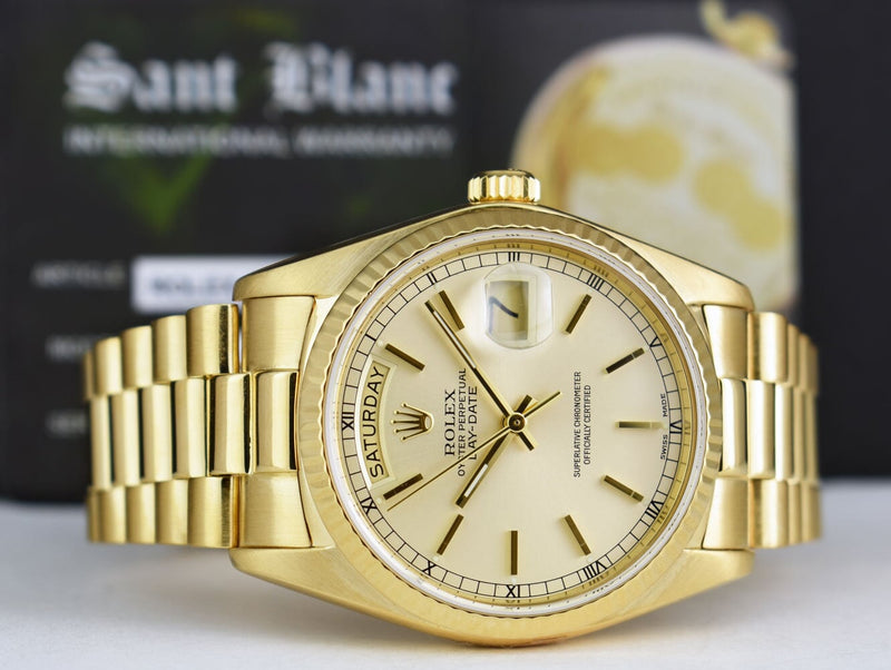 ROLEX 18kt Gold Day Date President Light Champagne Stick Dial Model 18038