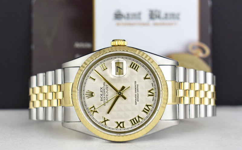 36mm 18kt Gold & Stainless Steel DateJust Ivory Pyramid Roman Dial Model 16233