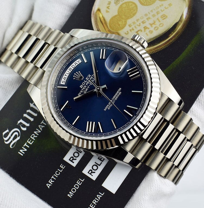 ROLEX 18kt White Gold Day Date 40 President Blue Roman Dial With