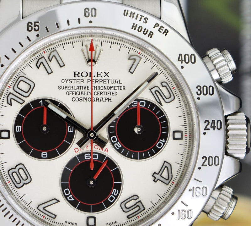 ROLEX Mens Stainless Daytona White Panda Red Hands Fat Buckle Model 116520