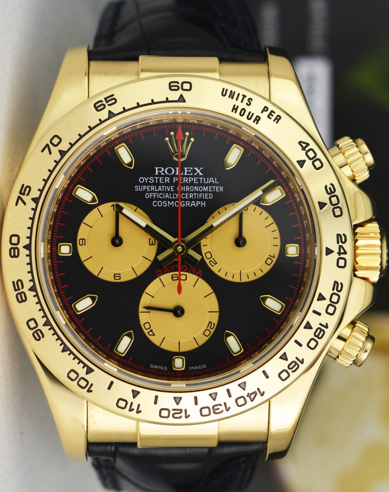 ROLEX Rehaut 18kt Gold Daytona Black Paul Newman Black Crocodile Strap Model 116518