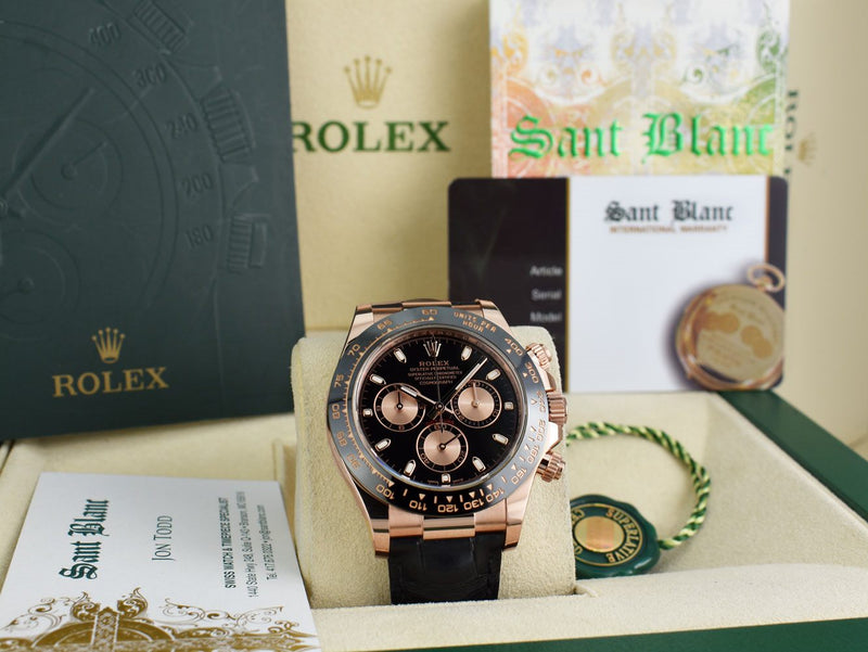 ROLEX 18kt Rose Gold Daytona Leather Strap Black Rose Panda 116515