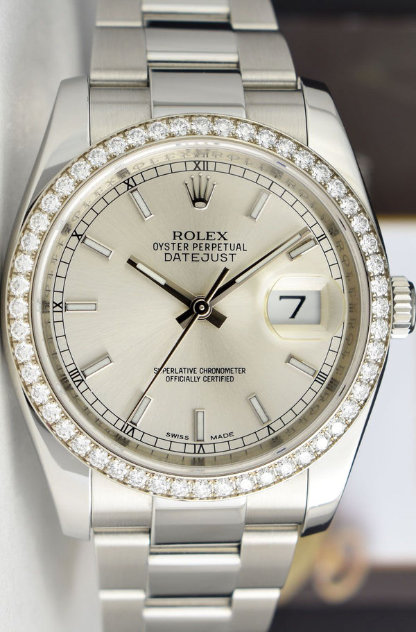 ROLEX - 18kt White Gold & Ss DateJust Silver Index Diamond Bezel - Model 116200
