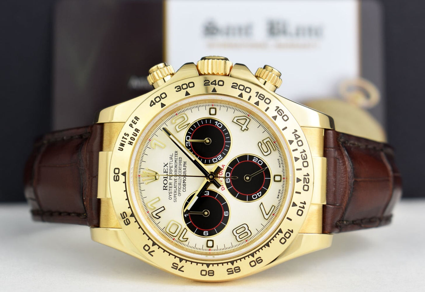 ROLEX Rehaut Mens 18kt Gold Daytona Panda Dial Burgundy Strap