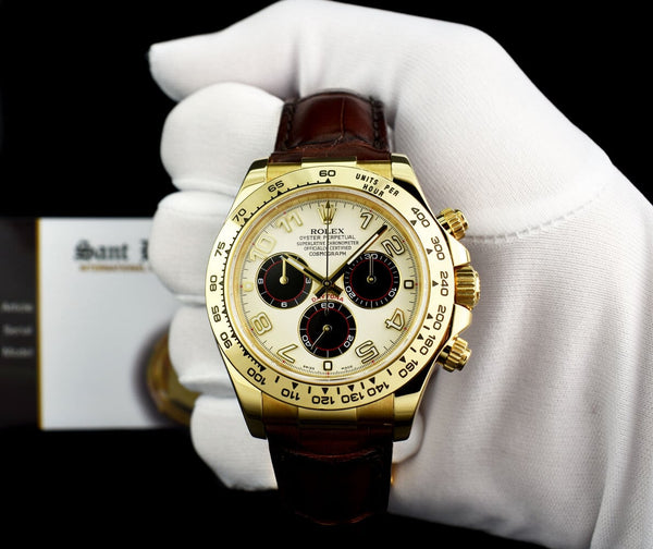 ROLEX Rehaut Mens 18kt Gold Daytona Panda Dial Burgundy Strap Model 116518