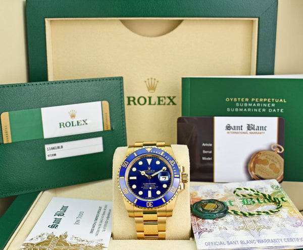 ROLEX 18kt Gold Submariner Blue Index With Box Card 116618