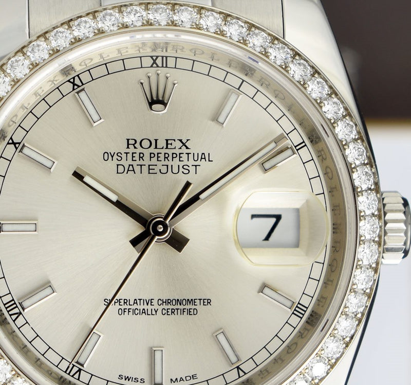 ROLEX - 18kt White Gold & Ss DateJust Silver Index Diamond Bezel - Model 116200