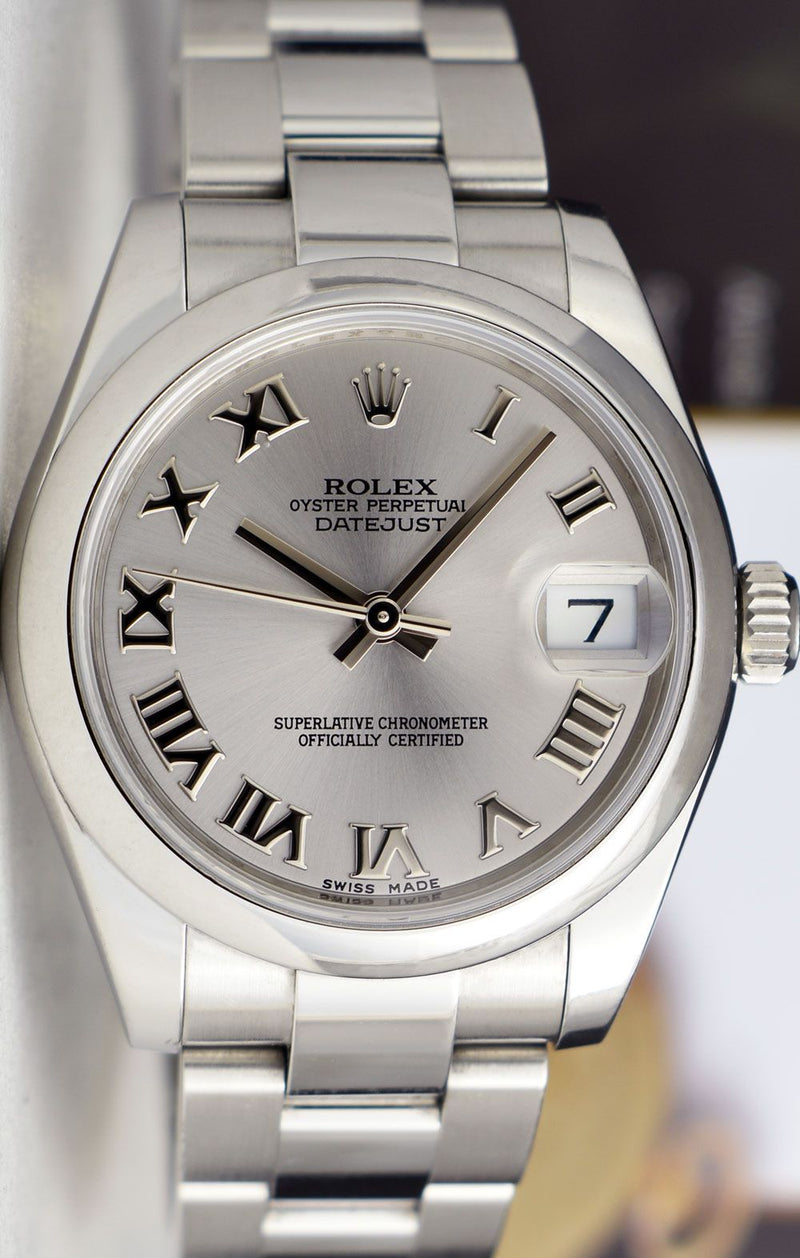 ROLEX 31mm Mid-Size Stainless Steel Datejust Rhodium Roman Dial Model 178240