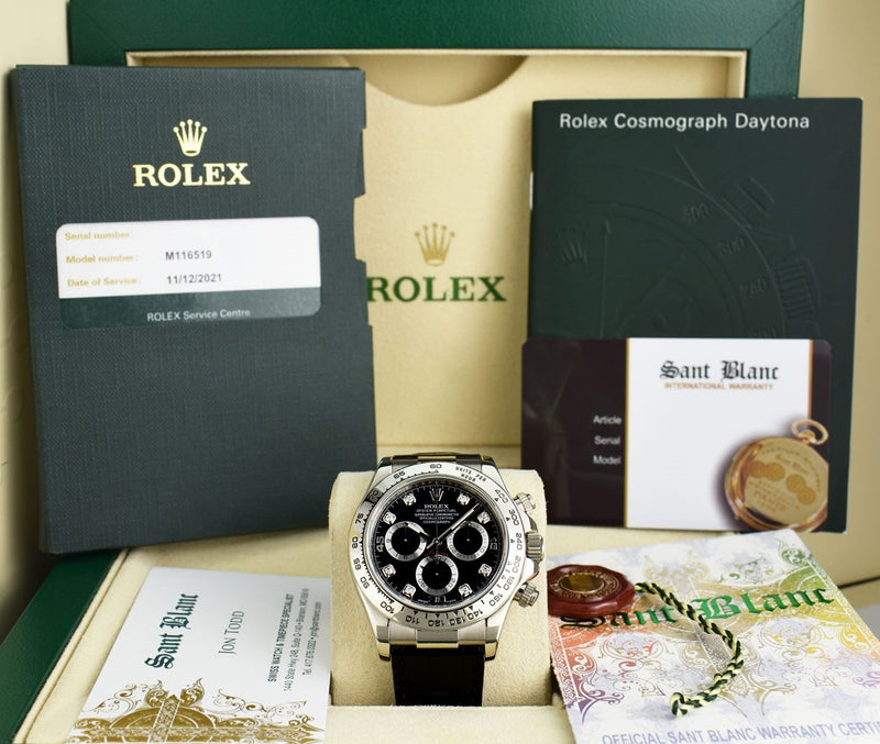 ROLEX 18kt White Gold DAYTONA Black Diamond Dial Black Patent Alligator Strap Model 116519