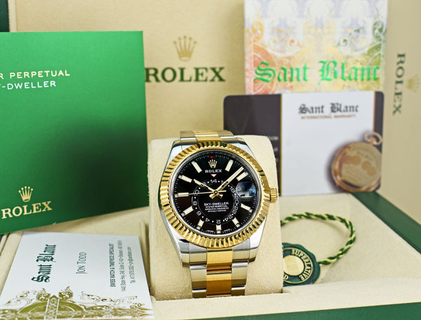 ROLEX 18kt Gold & Stainless Sky Dweller Black Index Model 326933