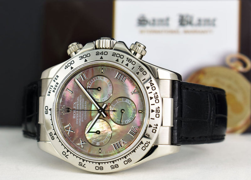 ROLEX White Gold Daytona Tahitian Mother of Pearl Roman Black Crocodile Model 116519