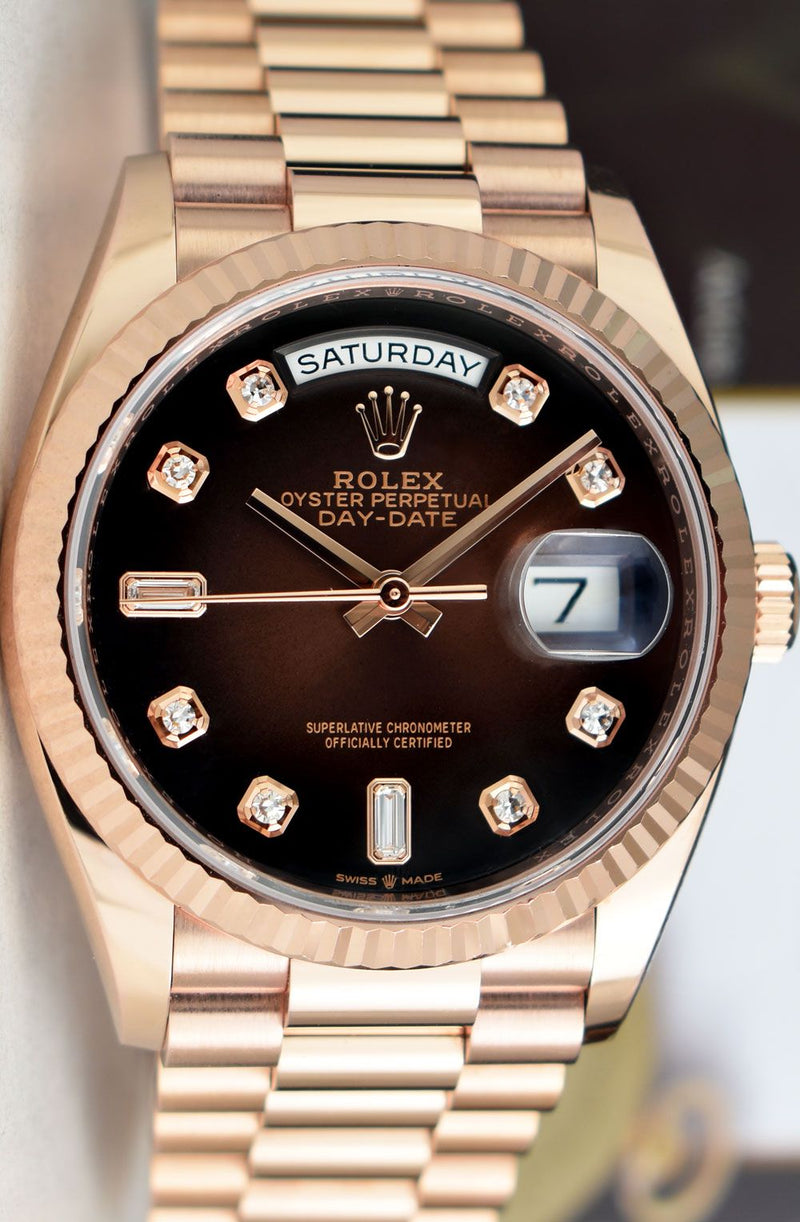ROLEX 2020 18kt Rose Gold Day Date 36 President Brown Ombre Diamond Dial Model 128235