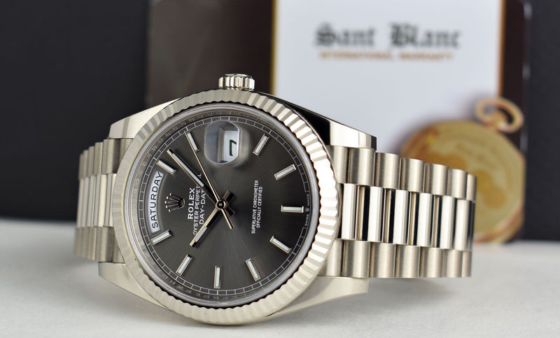 ROLEX 18kt White Gold Day-Date 40 President Rhodium Index Dial with Card Model 228239