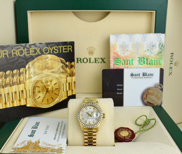 ROLEX Ladies 18kt Gold President 26 Silver Diamond Full Diamond 69178