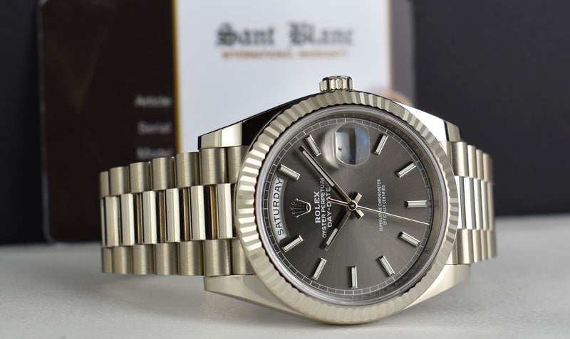 ROLEX 18kt White Gold Day-Date 40 President Rhodium Index Dial with Card Model 228239