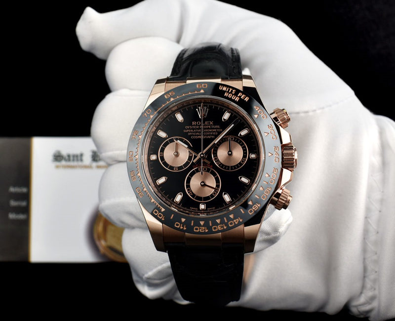 ROLEX 18kt Rose Gold Daytona Leather Strap Black Panda Model 116515 LN
