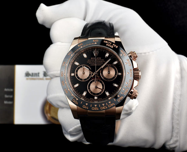 ROLEX 18kt Rose Gold Daytona Leather Strap Black Rose Panda 116515