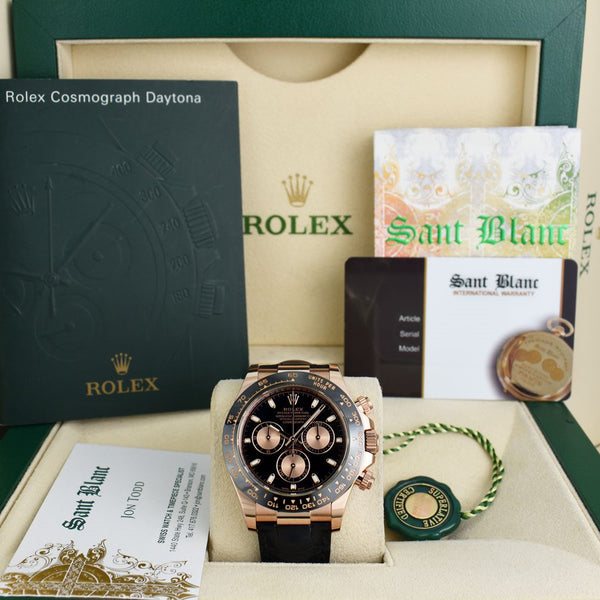 ROLEX 18kt Rose Gold Daytona Leather Strap Black Rose Panda Dial Mod Sant Blanc