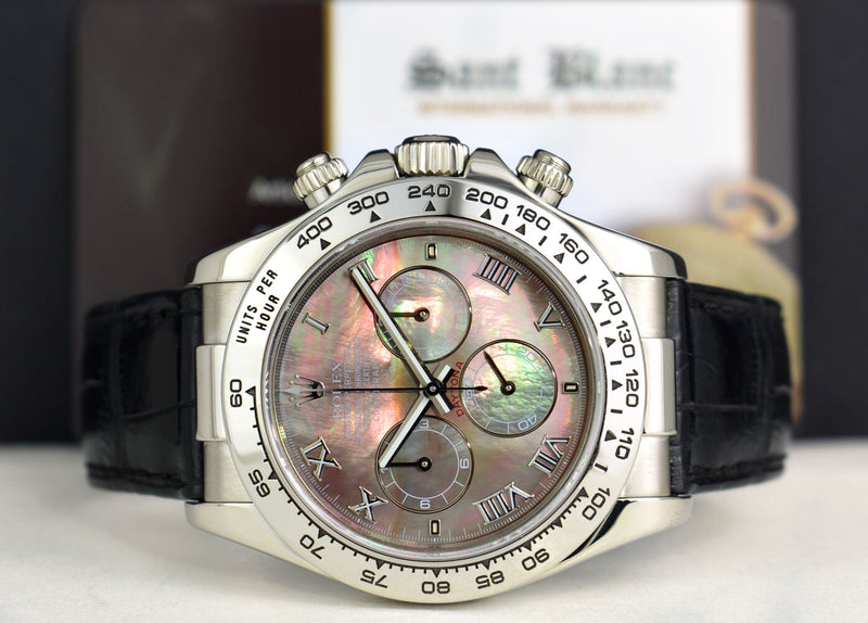 ROLEX White Gold Daytona Tahitian Mother of Pearl Roman Black Crocodile Model 116519