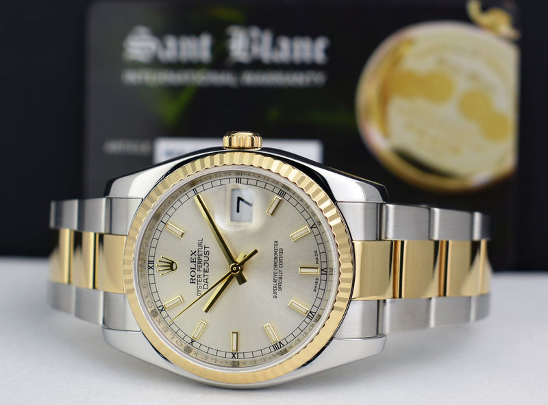 ROLEX 36mm 18kt Gold & Stainless Steel Datejust 36 Silver Index Dial Model 116233