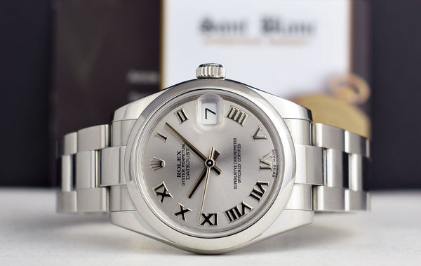 ROLEX 31mm Mid-Size Stainless Steel Datejust Rhodium Roman Dial Model 178240