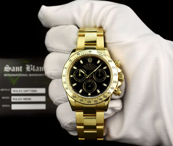 ROLEX Rehaut Mens 18kt Gold Daytona Chronograph Black Index Dial Model 116528