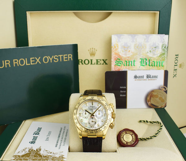ROLEX 40mm 18kt Gold Daytona Leather Strap Mother of Pearl Diamond Dial Model 116518