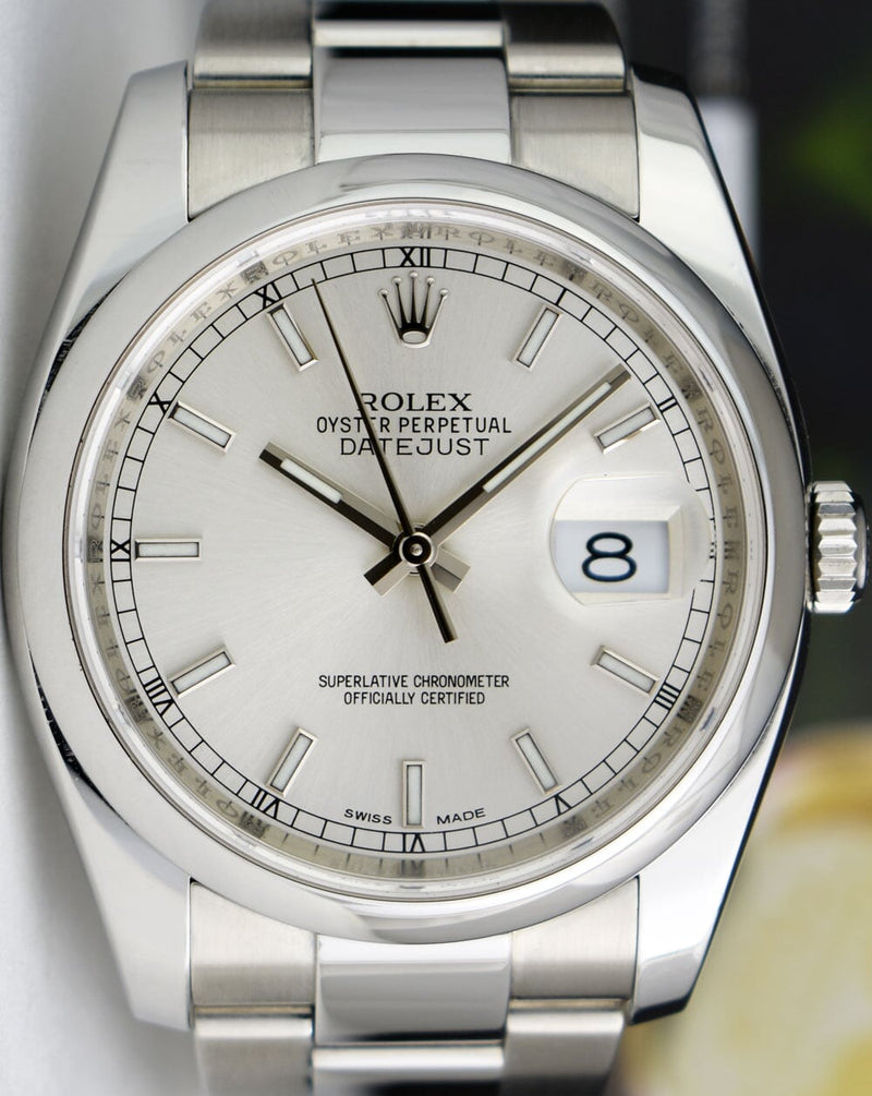 ROLEX Mens Stainless Steel DateJust Silver Index Dial Oyster Band Model 116200