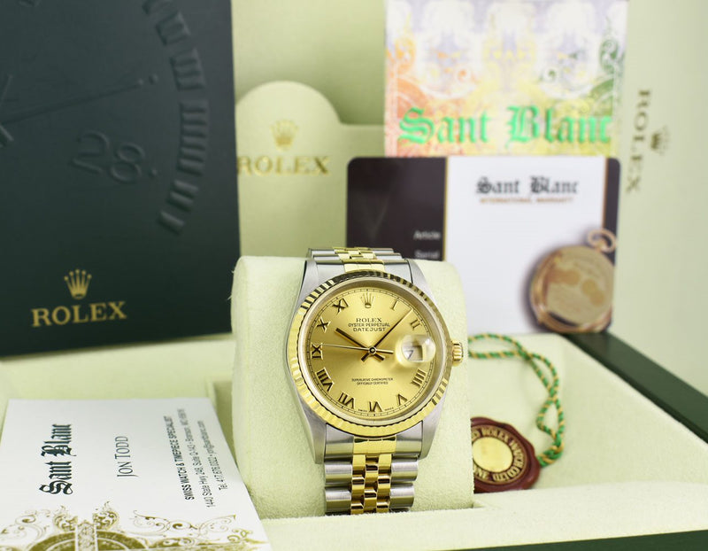 ROLEX Mens 36mm 18kt Gold & SS DateJust Champagne Roman Dial 16233