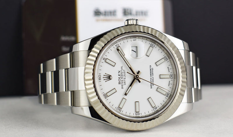 ROLEX Mens 41mm White Gold & Stainless Steel DateJust II White Index Dial Model 116334