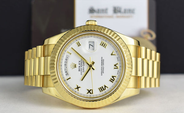 ROLEX 41mm 18kt Gold Day Date II President White Roman Dial Model 218238*