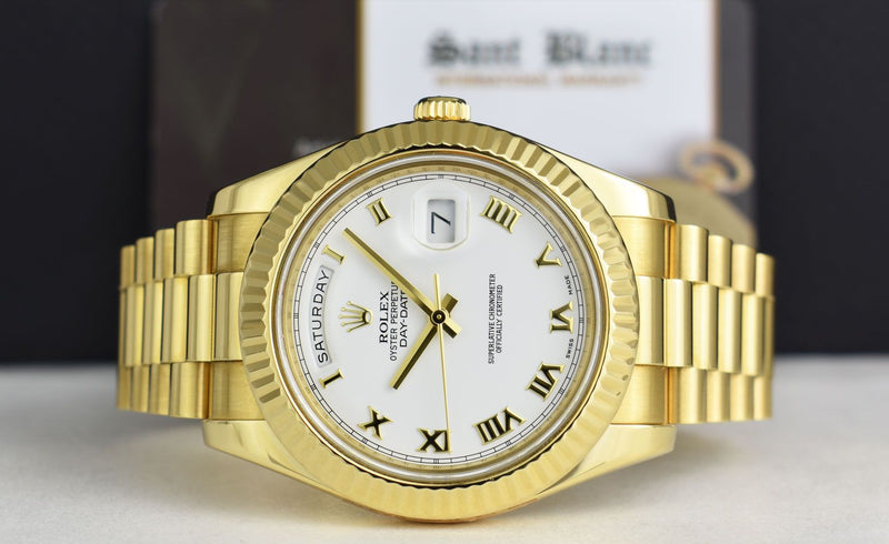 ROLEX 41mm 18kt Gold Day Date II President White Roman Dial Model 218238*
