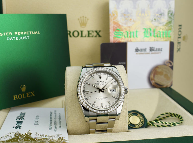 ROLEX - 18kt White Gold & Ss DateJust Silver Index Diamond Bezel - Model 116200