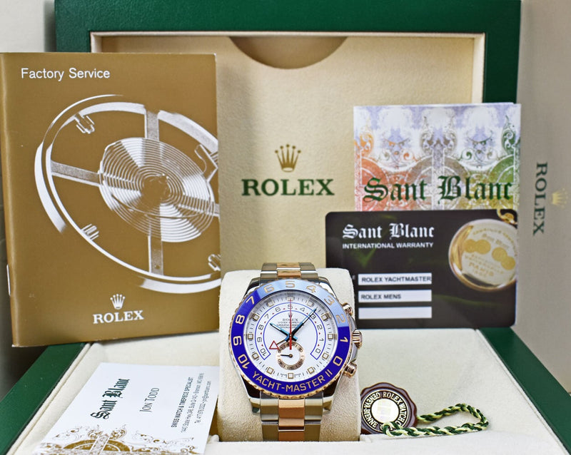 ROLEX Mens 44mm 18kt Rose Gold & Stainless Steel YachtMaster II Blue Hands Model 116681