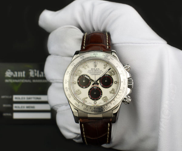 ROLEX 18kt White Gold Daytona on Brown Strap White & Black Panda Dial Model 116519
