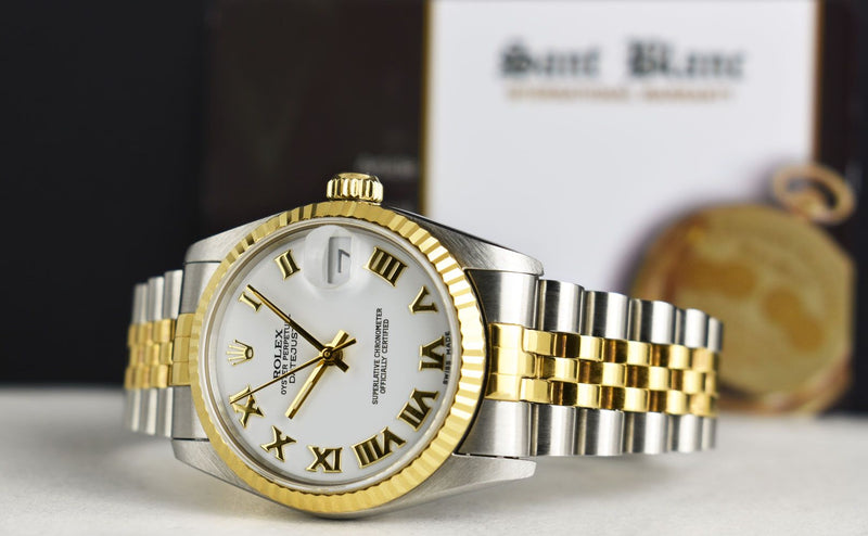 ROLEX 31mm MidSize 18kt Gold & Stainless Steel Datejust White Bold Roman Dial Model 68273