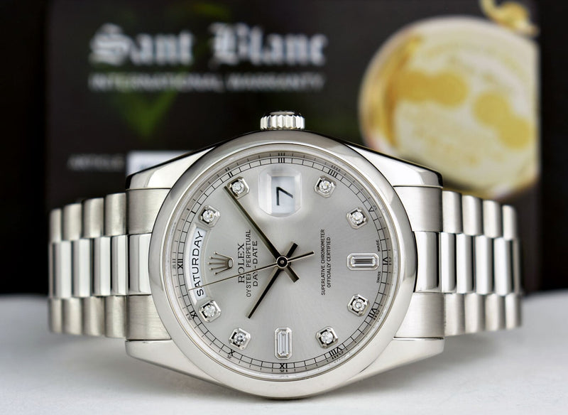 ROLEX - Day Date 36 Platinum President Silver Diamond Fat Buckle Model 118206