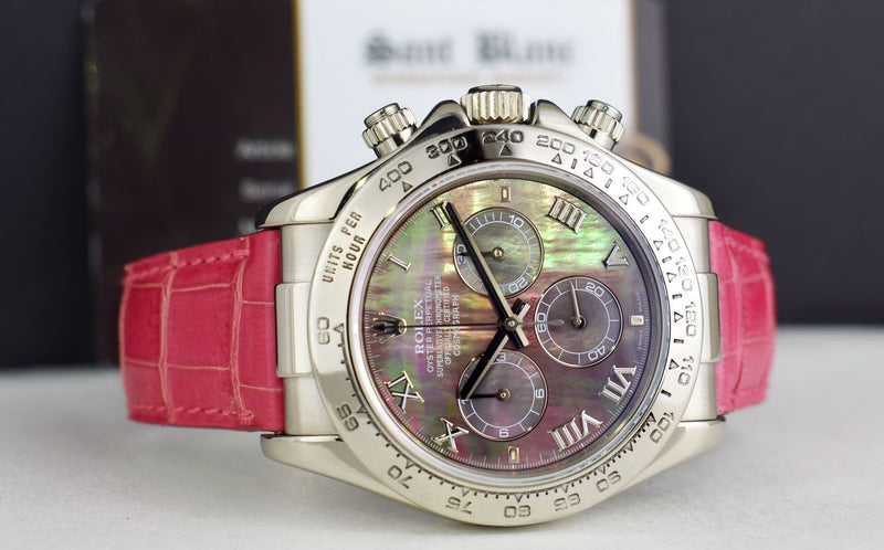 ROLEX 40mm White Gold Daytona Tahitian Mother of Pearl Roman Pink Strap Model 116519