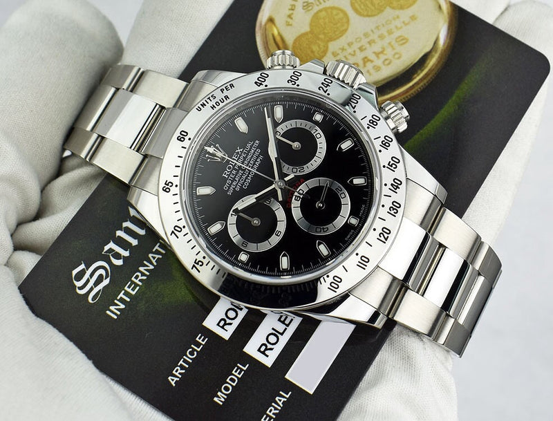 ROLEX 40mm Stainless Steel Daytona Black Index Dial Fat Clasp Box & Card Model 116520