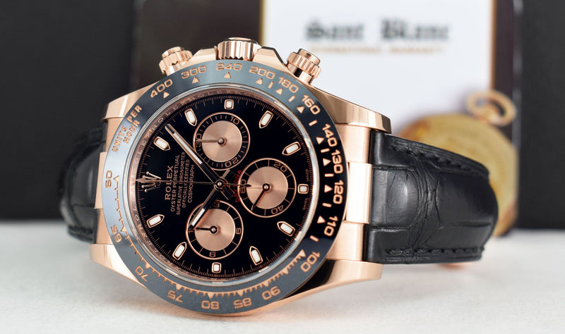 ROLEX 18kt Rose Gold Daytona Leather Strap Black Rose Panda 116515