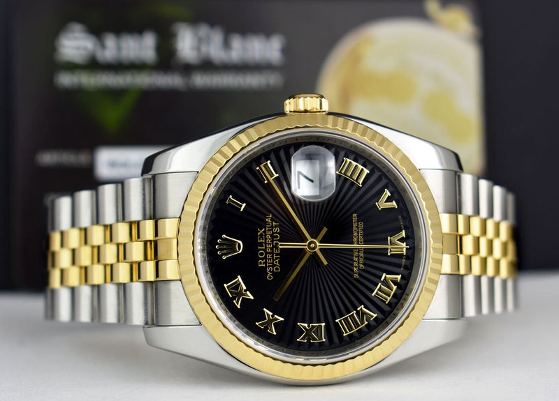 ROLEX REHAUT 18kt Gold & Stainless DateJust Black Sunbeam Roman Dial Model 116233