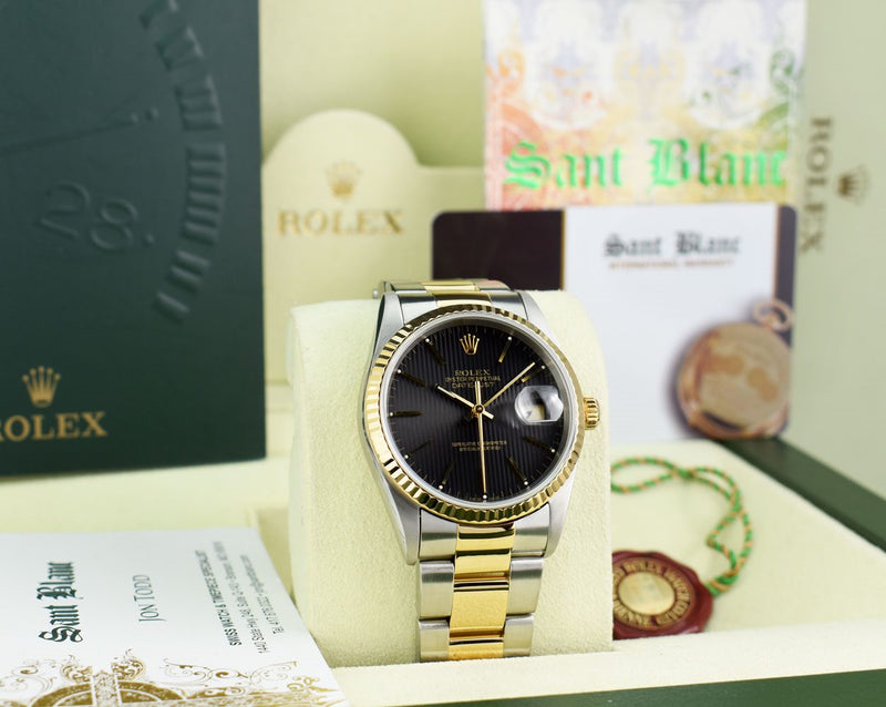 ROLEX Mens 18kt Gold & Stainless Steel DateJust Black Tapestry 16233