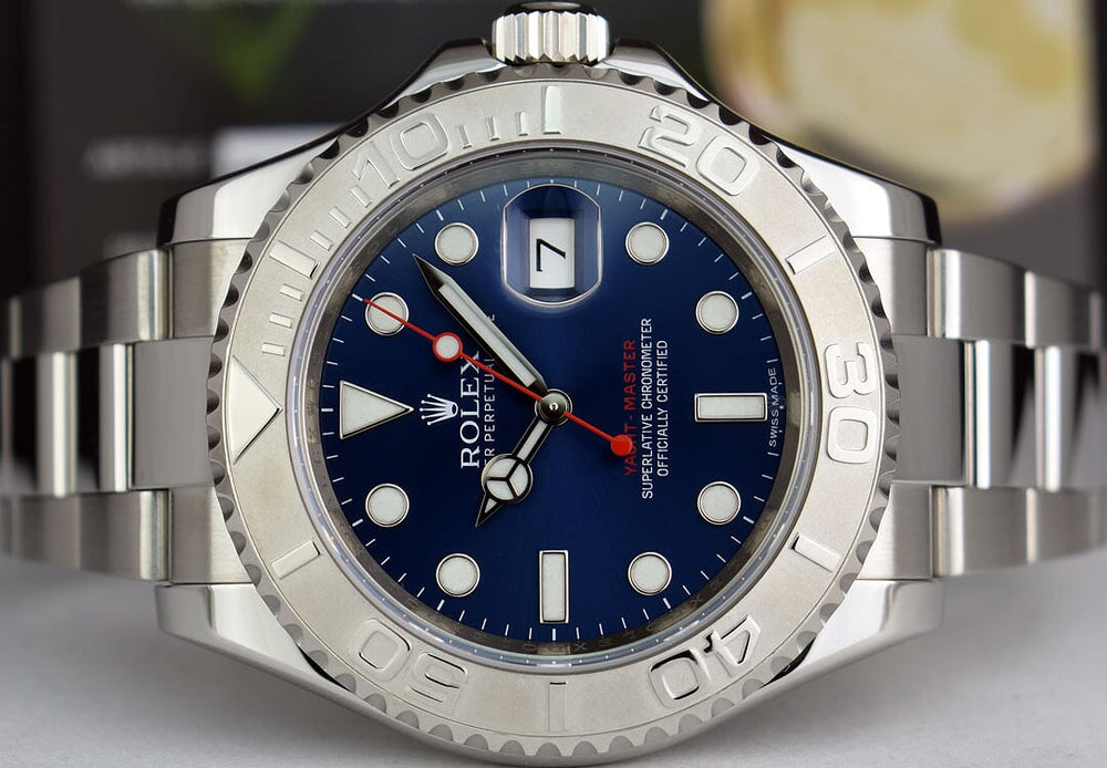 Rolex Mens Platinum Stainless Steel YachtMaster Blue Index Dial Mode Sant Blanc