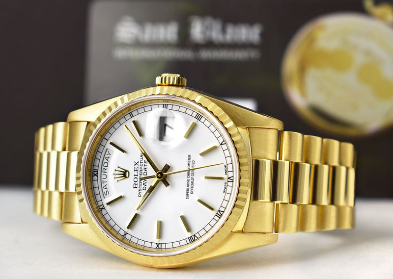 ROLEX Mens 18kt Gold Day Date President White Stick Dial with Box & Books Model 18238
