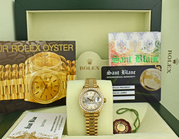 ROLEX Ladies 18kt Gold President Datejust Silver Diamond Dial Diamond Bezel Model 69138