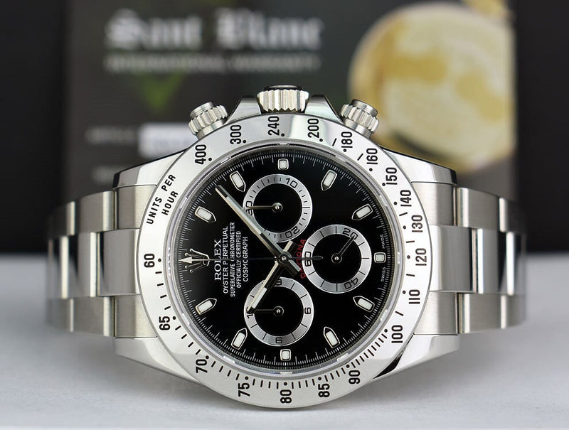 ROLEX 40mm Stainless Steel Daytona Black Index Dial Fat Clasp Box & Card Model 116520