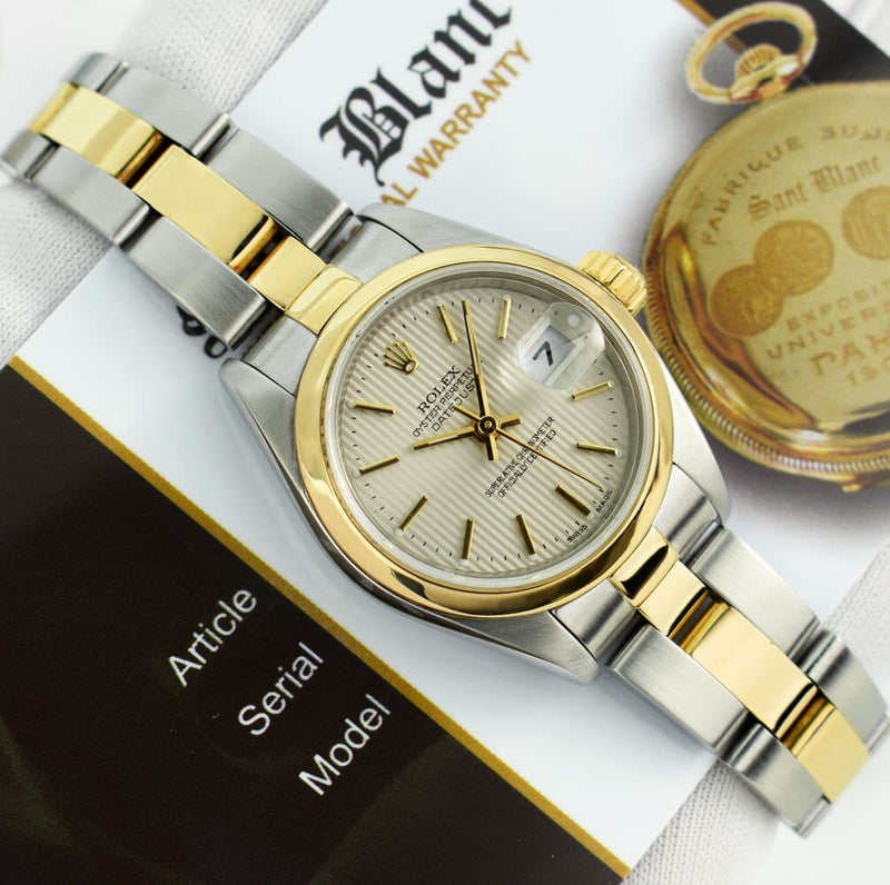 ROLEX Ladies 18kt Gold Stainless Steel DateJust Ivory Tapestry Stick Dial  Model 79163