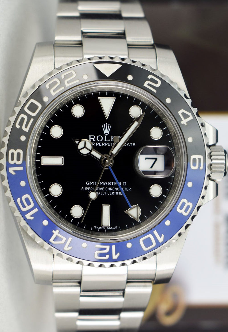 ROLEX 40mm Stainless Steel GMT Master II Batman Blue Black Bezel