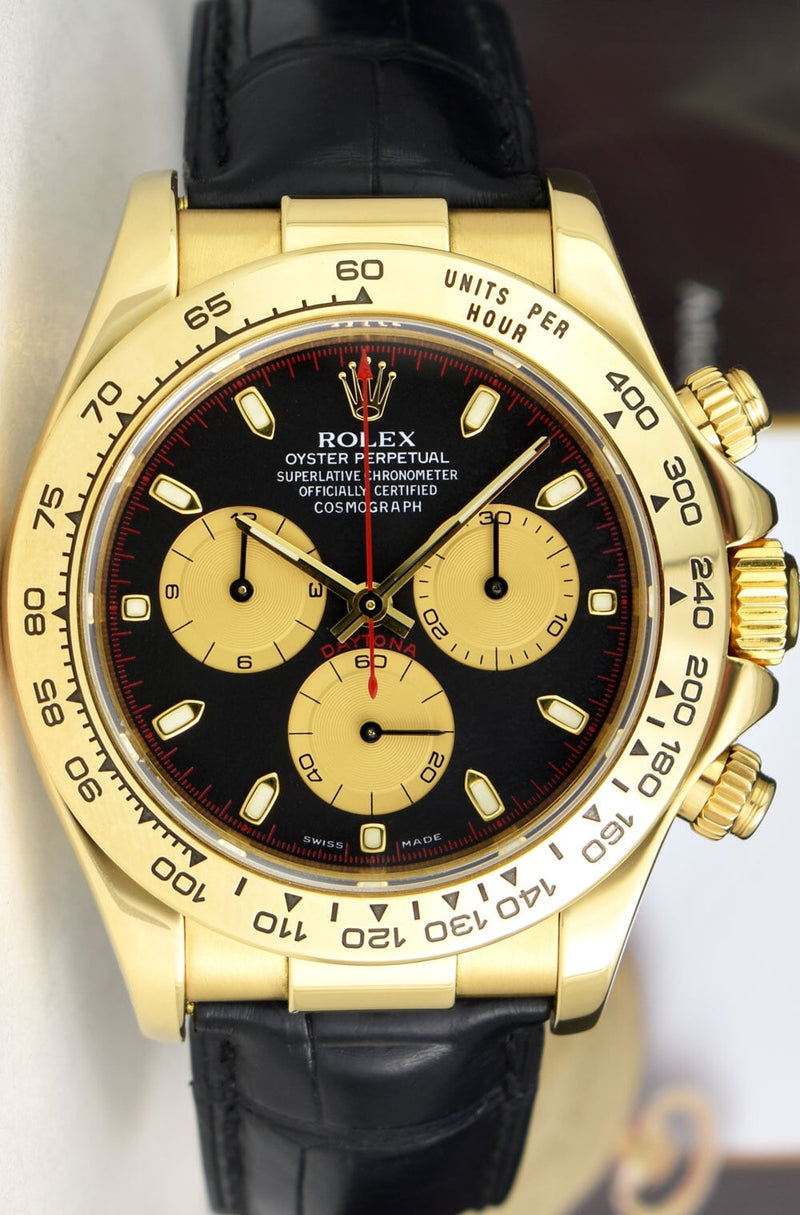 ROLEX 18kt Gold Daytona Black Paul Newman Dial Black Strap Model 116518